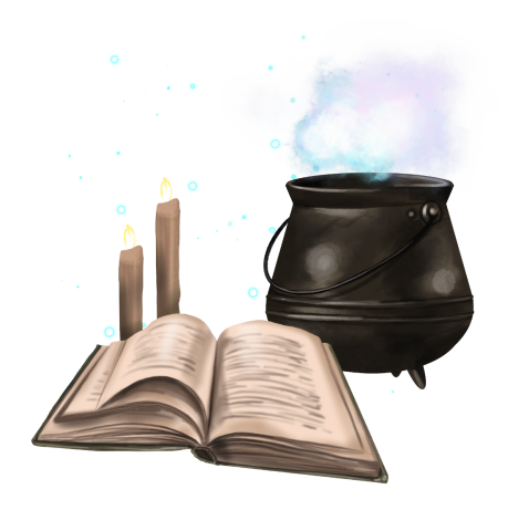 Cauldron, candle, & book