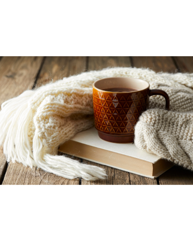A mug, book, and blanket