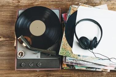 Vinyl records and headphones