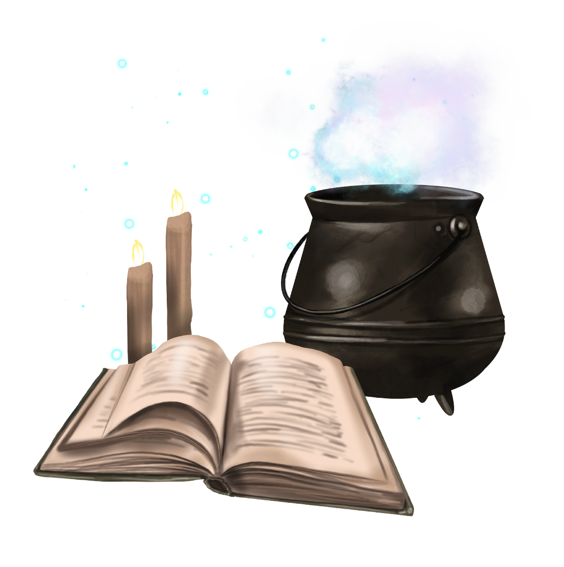 Cauldron, candle, & book